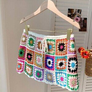 Multicolor Elegant Women's Colorful Floral Pattern Mini Knitted Skirt